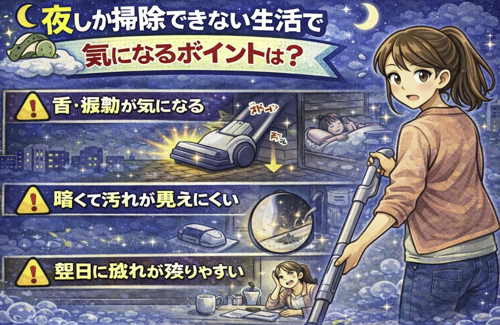 夜しか掃除できない生活で気になるポイントは？をイメージする画像