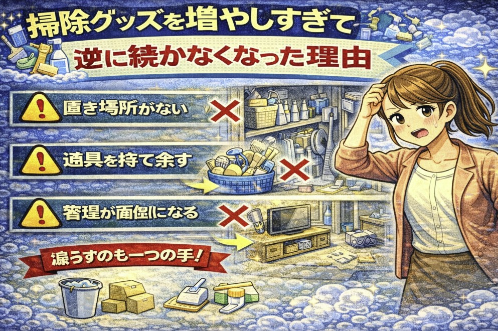 掃除グッズを増やしすぎて逆に続かなくなった理由をイメージした画像