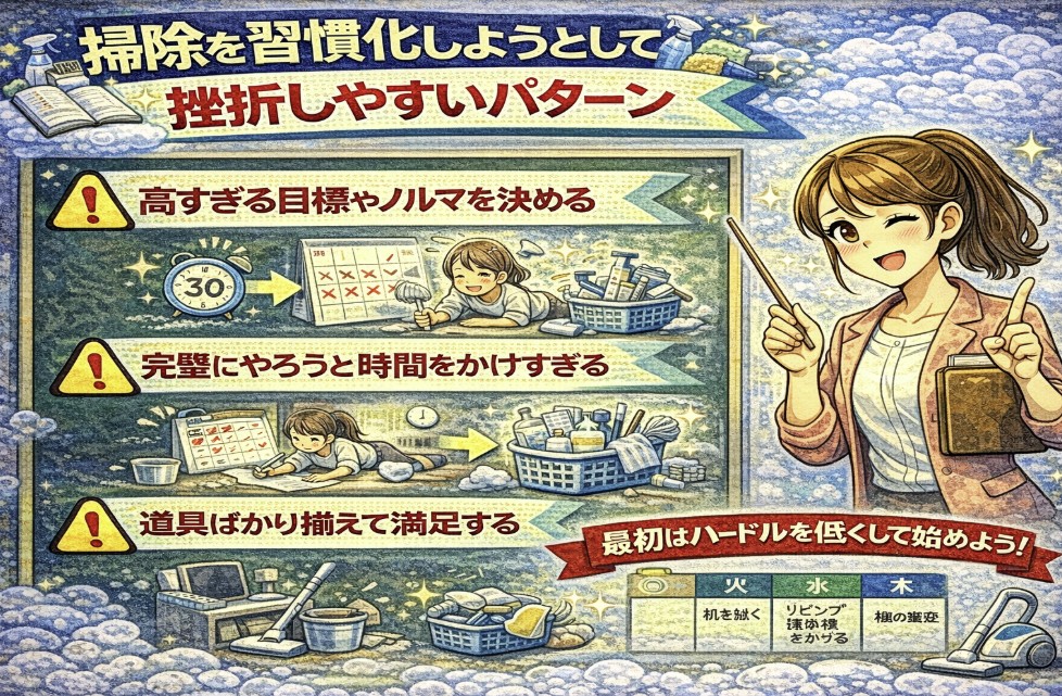 掃除を習慣化しようとして挫折しやすいパターンをイメージした画像