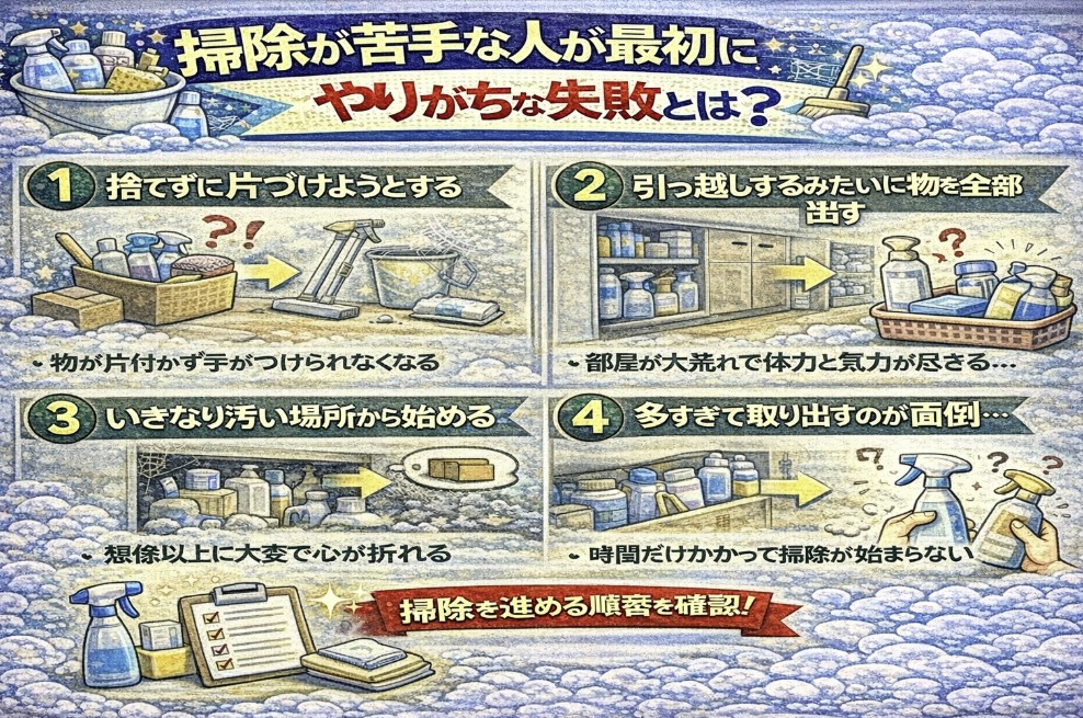 掃除が苦手な人が最初にやりがちな失敗とは？をイメージした画像