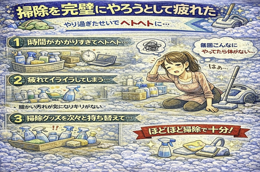 掃除を完璧にやろうとして疲れた経験から学んだことをイメージした画像
