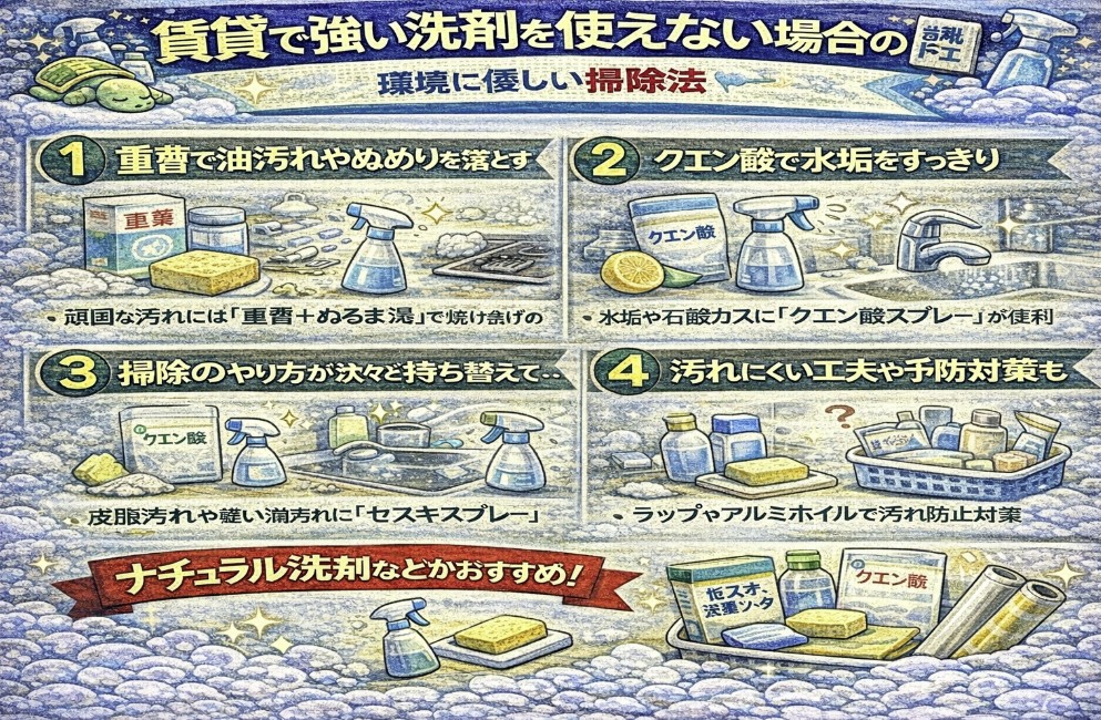 賃貸で強い洗剤を使えない場合の掃除をイメージした画像