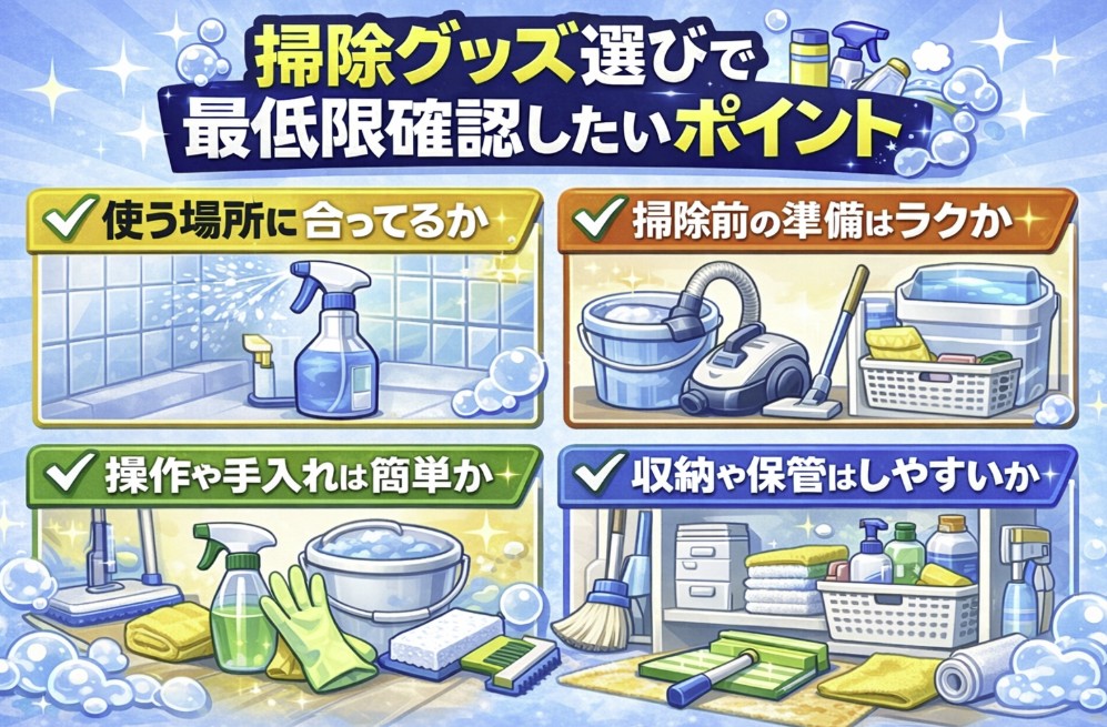 掃除グッズ選びで最低限確認したいポイントを説明した画像