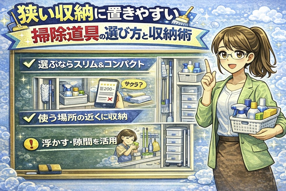 狭い収納に置きやすい掃除道具の選び方と収納術をイメージした画像