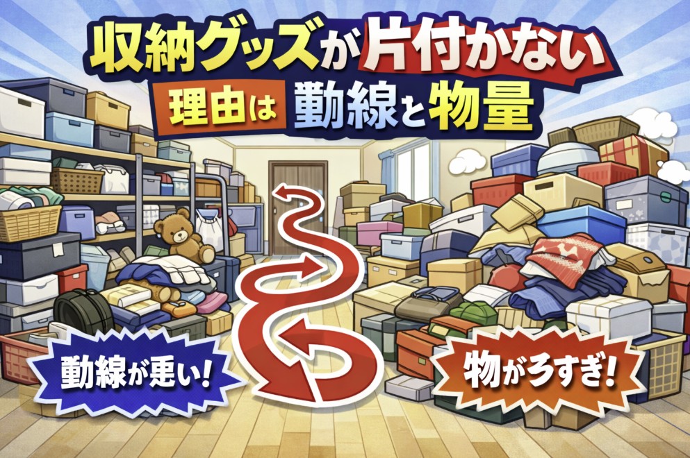 収納ボックスや衣類が大量に積み上がり、動線を示す赤い矢印が曲がりくねっている様子を描いたイラスト。収納グッズが片付かない原因が「動線」と「物量」であることを示している。