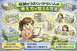 収納がうまくいかない人のために、理想を下げる・動線を考える・物量を減らすという考え方を整理して解説した日本語インフォグラフィック形式のイラスト