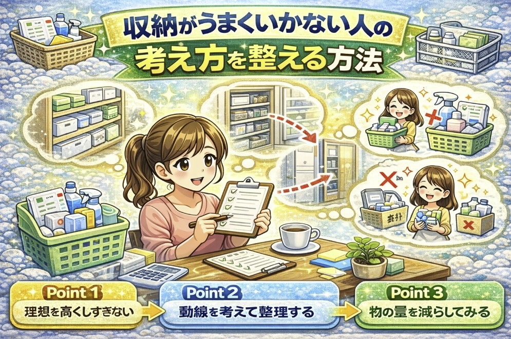 収納がうまくいかない人のために、理想を下げる・動線を考える・物量を減らすという考え方を整理して解説した日本語インフォグラフィック形式のイラスト