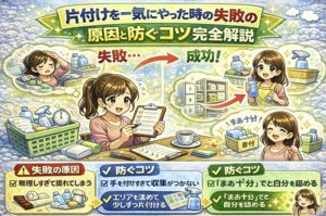 片付けを一気にやった時に疲れて失敗する原因と、エリア分割や無理しないコツを解説した日本語インフォグラフィックのイラスト