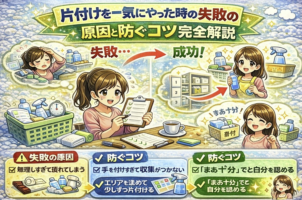 片付けを一気にやった時に疲れて失敗する原因と、エリア分割や無理しないコツを解説した日本語インフォグラフィックのイラスト